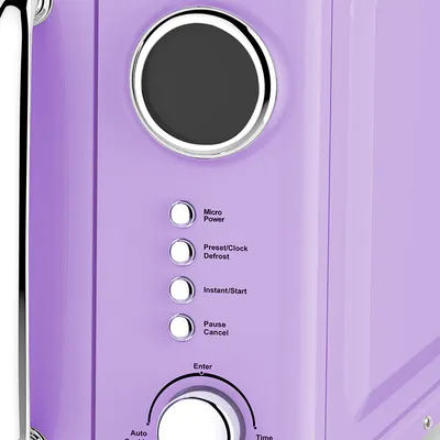 A close-up view of the control panel of a purple retro-style microwave oven.