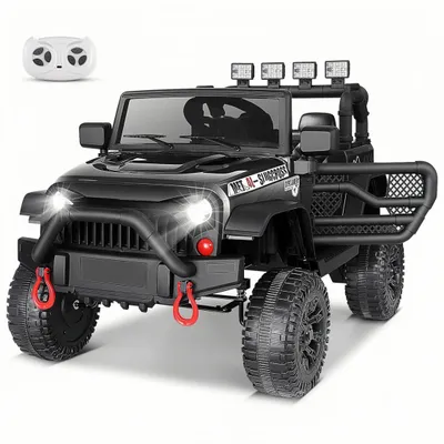 Produktbild von 12V Elektro Kinderfahrzeug Kinderauto Jeep mit Tür, 2x Motoren, mit Fernbedienung, LED Lichts, eingebauter Musik, Bluetooth-Verbindung, schwarz