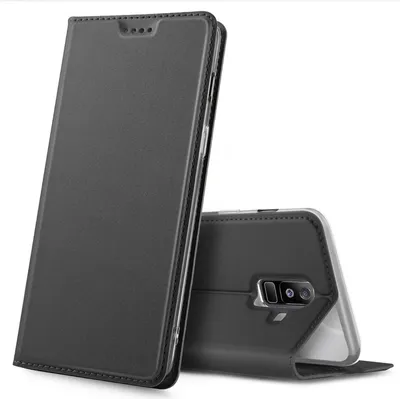 A black flip case for a Samsung Galaxy A6 Plus phone is shown against a white background. The case is shown in both an open and closed position.