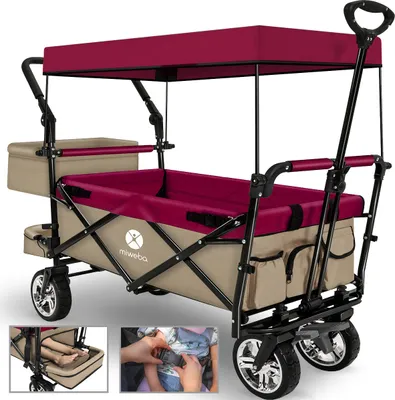 Produktbild von Miweba Faltbarer Bollerwagen MB-20 | Sonnendach - Schiebe- & Zugstange - Stauraumverlängerung - 360° Räder - Bis 100 Kg (Beige/Bordeaux)