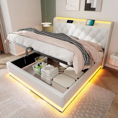 A modern white bed with storage, illuminated by LED lights, is shown in a bedroom setting.