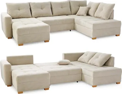 Produktbild von Wohnlandschaft U-Form Sofa groß Schlaffunktion Couch Bettkasten Cord Beige Grau / 15218