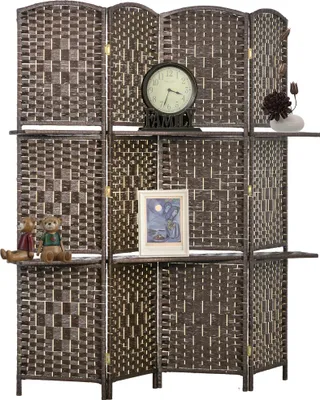 Image de HOMCOM Paravent séparateur de pièce 4 panneaux 160 x170 cm avec 2 étagères, pliable, en bois pour le bureau, salon, chambre, marron