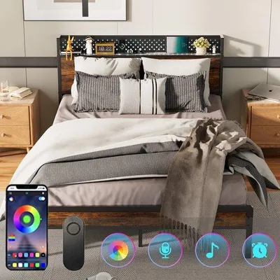 Produktbild von Bett 140 x 200 cm, Bettgestell mit Stauraum-Kopfteil & LED-Lichtern, 3 USB & 1 Typ-C, 14 Reihen Metalllatten, Stauraum unter dem Bett, Braun