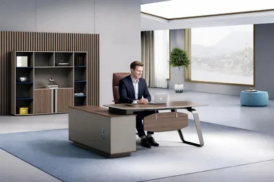 Image de Ensemble de bureau élégant : bureau exclusif en cuir véritable, bibliothèque pratique