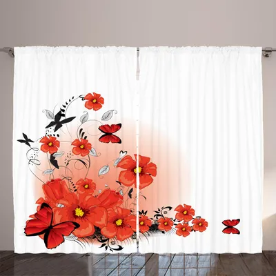 Produktbild von ARANDE Mohn Gardine, Floral Flash Hintergrund Mit Schmetterlingen Frühlingssaison Hoffnung Inspiration Thema, 280 x 225 cm, Schwarz Weiß Rot
