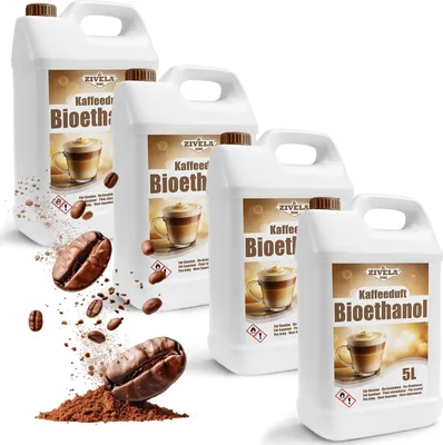 Zdjęcie produktu dla Bioetanol 96,6% 20L | Bioalkohol o zapachu kawy 96,6% 4x5L | Bioetanol do kominka, kominek stołowy, kominek na bioetanol | Bioetanol o zapachu kawy | Czyste spalanie, bez dymu, żywy i stabilny płomień
