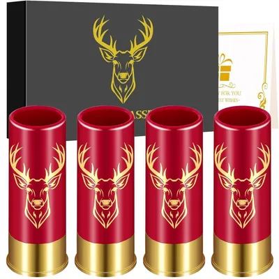 Immagine prodotto di Set di 4 bicchieri da liquore a forma di testa di cervo, in plastica rossa, capacità 45 ml, ideali come regalo per appassionati di caccia