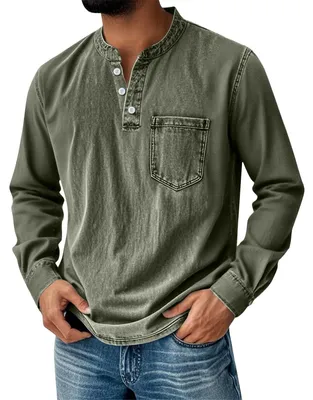 Productafbeelding van Elzusha - Henley Shirt voor Heren met Lange Mouwen en Knoopsluiting