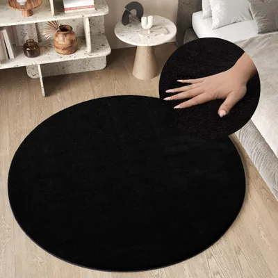 Produktbild von Teppich Rund Wohnzimmer Schlafzimmer Einfarbig Modern Shaggy Hochflor Schwarz Weich 100 x 100 cm