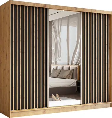 Produktbild von Masseno Schiebetürenschrank LAMELLO 240 cm Kleiderschrank Schlafzimmer Schrank 3-türig mit Spiegel und Lamellen Eiche Artisan