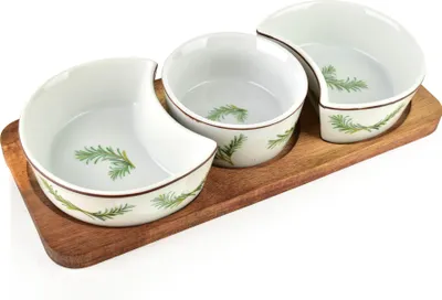 Produktbild von Servierbrett Akazienholz Allesken Modern Kitchen 26,5x11x1,2 cm Natur/Weiß/Grün 4-tlg. (1 Brett + 3 Porzellanschalen 2x150 ml + 120 ml)