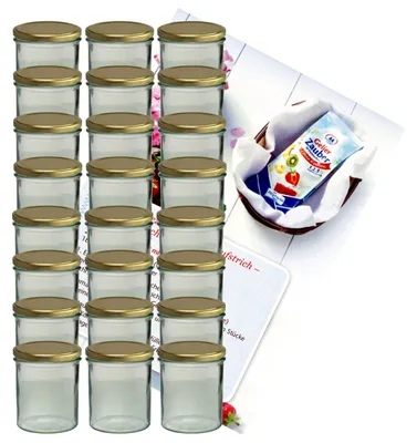 Produktbild von 24er Set Sturzglas 350 ml Marmeladenglas Einmachglas Glas To 82 goldener Deckel incl. Rezeptheft