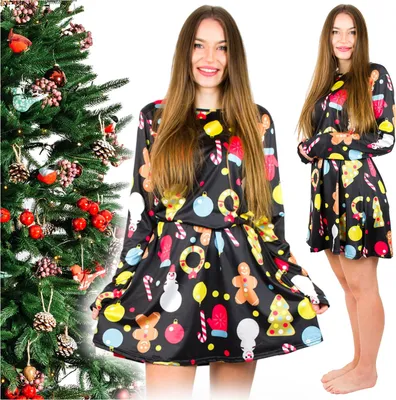 Zdjęcie produktu dla Elegancka sukienka świąteczna z długim rękawem rozkloszowana czarna prezent