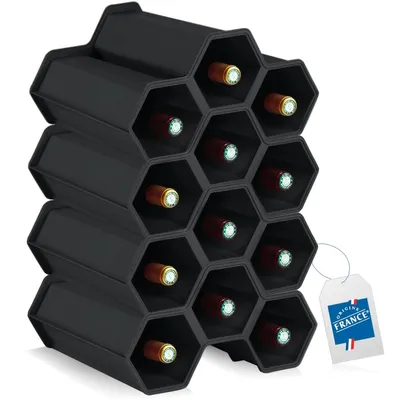 A black hexagonal wine rack filled with wine bottles, shown from a diagonal angle.