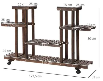 Obrázek produktu pro Regál na rostliny na kolečkách – stojan na rostliny s 6 policemi – 4 kolečka – plastová konstrukce – 123,5 × 33 × 80 cm – určený k sestavení