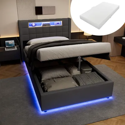 Immagine prodotto di Letto imbottito MODFU 90x200, rivestito in velluto, con materasso, contenitore a sollevamento idraulico, illuminazione a LED e ripiano imbottito nella testiera. Letto per giovani con design moderno, colore grigio