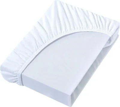 A white jersey fitted sheet is shown on a mattress.