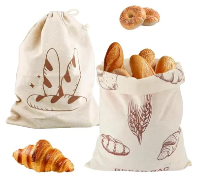2er Set Brotbeutel mit Kordelzug, wiederverwendbar, Leinen, 28x16 cm