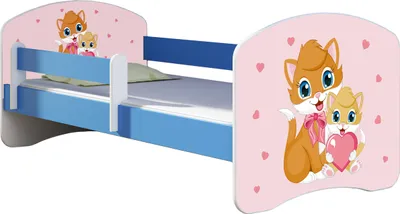 Produktbild von ACMA Jugendbett Kinderbett Junior-Bett Komplett-Set mit Matratze Lattenrost und Rausfallschutz Blau 33 Miezekatzen 140x70