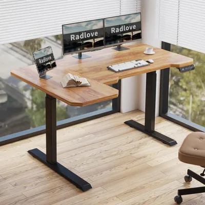 Immagine prodotto di Radlove 150cm L-scrivania elettrica ad angolo regolabile in altezza, 2 potenti motori, scrivania a L in piedi, 4-memory control (legno retrò)