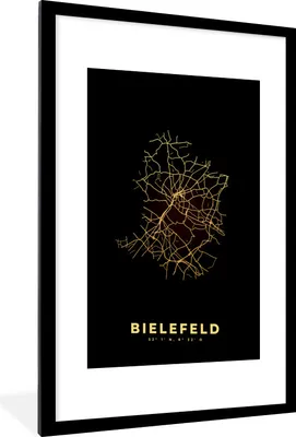 Produktbild von MuchoWow® Gerahmtes Poster Karte - Bielefeld - Gold - Stadtplan - Karte 60x90 cm - Poster mit Schwarzem Bilderrahmen Wandposter Rahmen Foto Bilder - Dekoration - Wandposter Wohnzimmer - Hochwertig