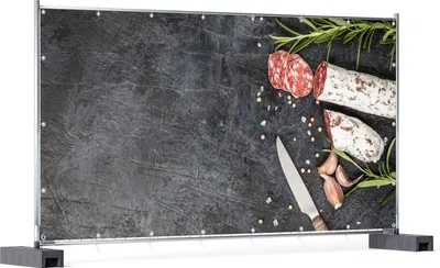 Produktbild von Wallario XXL Outdoor-Poster für Garten oder Balkon, Motiv Salami, Rosmarin und Knoblauch, in ca. 340 x 173 cm
