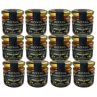 Image de 12 pots de miel allemand original « Sommertraum » (miel de fleurs d'été) de 250 g, en bocal, provenant de la Haute-Franconie (nord de la Bavière) ; miel pur et naturel
