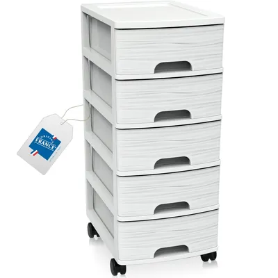 A white plastic drawer unit with five drawers and wheels, with a tag attached.