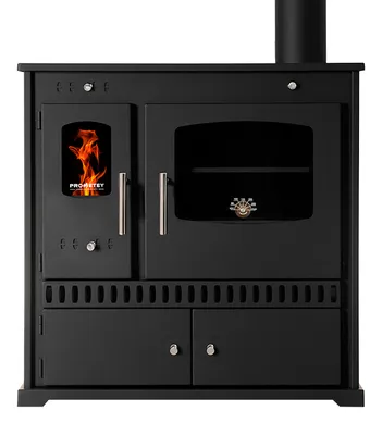 A black wood-burning stove with a glass oven door and a smaller door with a fire visible inside.