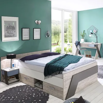 Produktbild von Jugendzimmer Set mit Bett 140x200 cm mit Schreibtisch 3-teilig LEEDS-10 in Sandeiche Nb. mit weiß, Lava und Denim Blau
