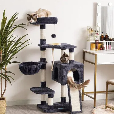 Produktbild von Unyqoos® Katzenkratzbaum mit hoch angebrachtem Futternapf, stabiler XXL-Katzenbaum für große & kleine Katzen, Kratzbrett, Sisal-Säulen, Hängematte, rauchgrau