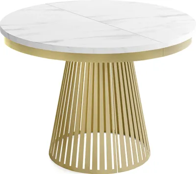 Produktbild von Esstisch Rund Ausziehbar mit Lamellen im Loft-Stil – 120 bis 200 cm – Industrieller Tisch mit Metallbeinen in Gold, Platzsparend für Wohnzimmer oder Esszimmer – Marmor Weiß