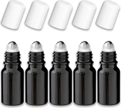Produktbild von 5x Glasflasche Schwarz 10 ml Roll-on mit Weißem Verschluss Set