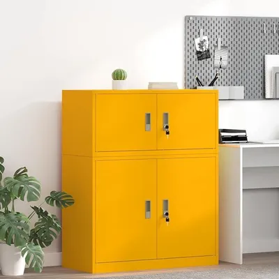 Productafbeelding van Opbergkast in mostergele kleur, gemaakt van staal, afmetingen 90 x 40 x 40 cm, met afsluitbare deuren, geschikt voor kantoor en thuiswerkplek. Robuuste kantoorkast, ideaal als archiefkast en documentenkast