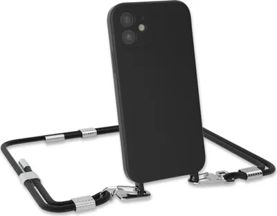 Produktbild von EAZY CASE Handykette Silikon mit Clips 2 in 1 kompatibel mit Apple iPhone 12 Handyhülle mit Umhängeband, Handykordel mit Silikon, Hülle mit Band, Schwarz - Clips Silber