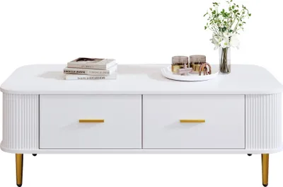 Produktbild von Quadrat Couchtisch mit Schubladen Beistelltisch Weiss geschwungenen Ecken Wohnzimmertisch goldenen Griffen und Beinen Multifunktionaler Schreibtisch