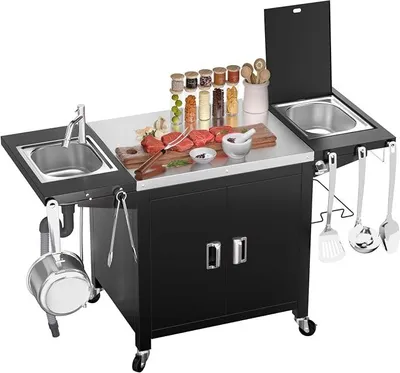 Produktbild von Grillwagen, outdoorküche, rollbare Kücheninsel aus Edelstahl mit Aufbewahrungsschrank, Eisbox, Spüle, Outdoor küche, Pizzaofen-Tisch,Küchenwagen, Servierwagen, Grilltisch,155x63x89cm