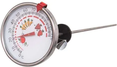 A kitchen thermometer with a dial face and a metal probe, displayed against a white background.