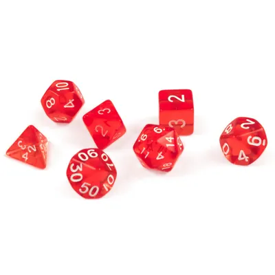 Produktbild von 7 polyedrische Würfel für Rollen- und Tabletopspiele in transparent / rot mit Beutel