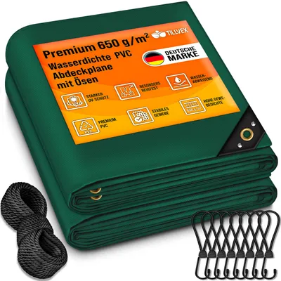 Immagine prodotto di tillvex® telone verde 5x7 m con occhielli + 10 ganci e 15 m di corda | telone in tessuto 650g/m² impermeabile e resistente agli strappi | telone in PVC premium universale per camion, piscina, mobili da giardino in legno | telone per giardino