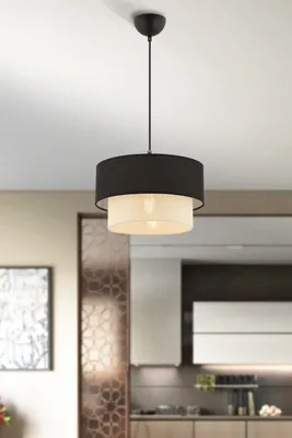 Produktbild von Opviq, Moderne Deckenleuchte (Chandelier) mit Metallkörper, Baumwollschirm (30 x 30 cm, Höhe: 20 cm), Gesamt-Höhe: 65 cm, E27 Fassung, , Schwarz-Weiß Design für Hotel & Zuhause.
