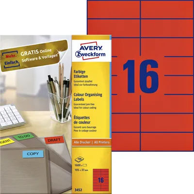 Produktbild von Avery Zweckform - Etikett Zweckform 3452 105x37mm rot 1600 Stück