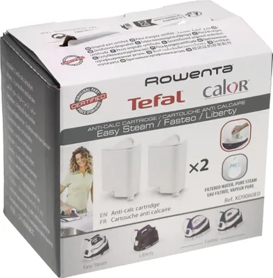 A product box for Tefal anti-calc cartridges, showing the packaging and product details.