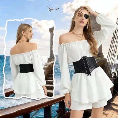 Damen Piratenkostüm mit weißer mittelalterlicher Bluse, Korsettgürtel und Piratenaccessoires für Halloween und Karneval