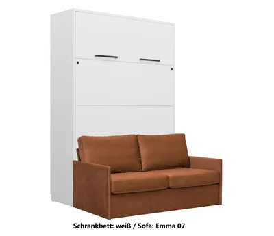 Produktbild von Schrankbett Wandbett Klappbett vertikal GN 140x200 weiß mit LED und Sofa nussbraun
