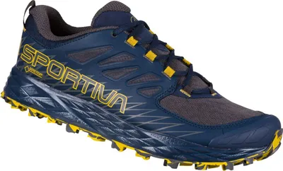 Trailrunning-Schuh "Lycan Gtx" von La Sportiva in Blau mit gelben Akzenten und rutschfester Sohle.