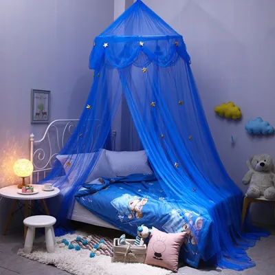 Produktbild von Baldachin Betthimmel, Kinder Babys Bett Blau Chiffon Prinzessin Prinz Hängende Moskitonetz, für Schlafzimmer Ankleidezimmer Kinderzimmer Deko Insektenschutz Spielzelte Lesen