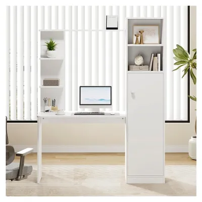 Produktbild von Schreibtisch mit Schrank und Ablageregal, modernes Design, 123,5 x 45 x 168,5 cm, Weiß
