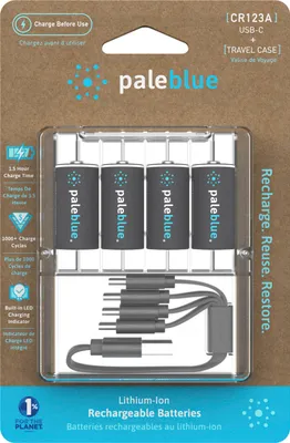 Image de 4 piles rechargeables Paleblue CR123A, USB-C, 3V, 860mAh – 2,59Wh, lithium-ion